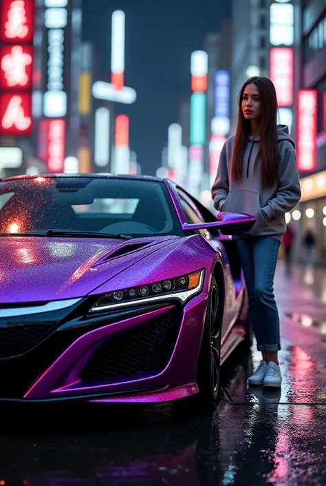 A captivating, high-resolution image of a sleek, shiny metallic purple Honda NSX car parked in the heart of a wet, bustling Tokyo street during a vibrant evening. The car is captured from a ground-level angle, showcasing a side view with water droplets gli...