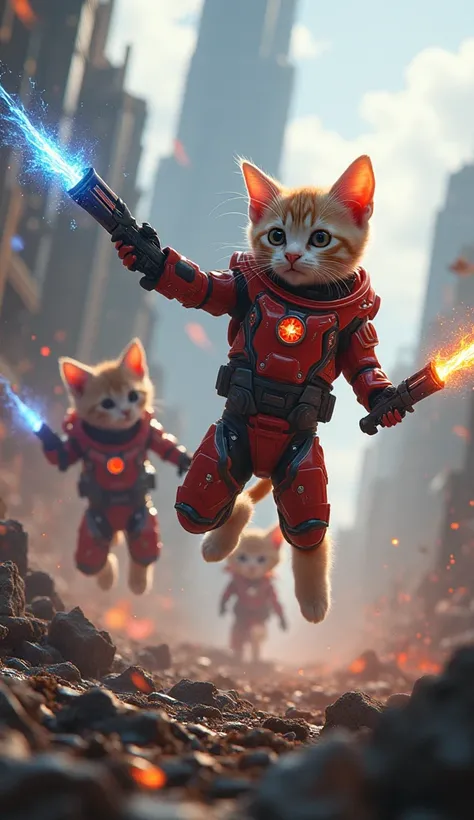 two kittens wearing cosmo suit with cosmic energy weapons fighting against an army of eagle robots painted red and blue in a city of ruins