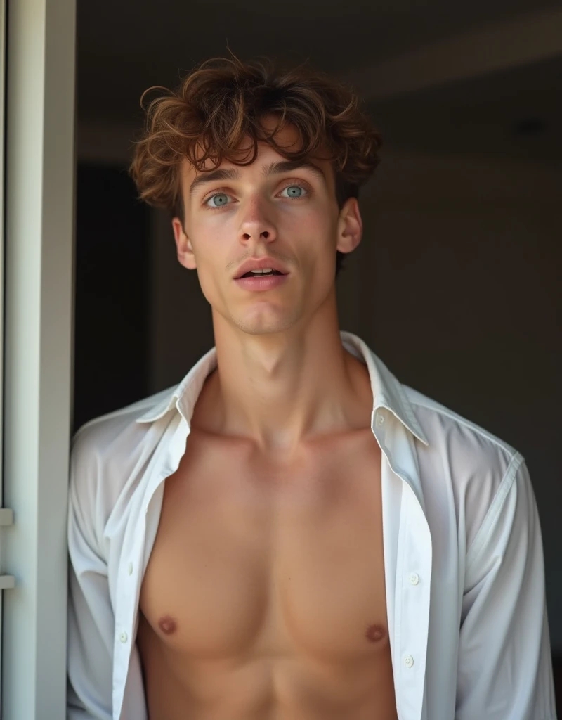 a handsome 18 years old guy, curly hair, young 18 years old face, blue bright eyes, white open shirt, naked muscular torso, sexy photo, detailed face, home photom hes surprised, much surprise on his face, surprise on his face, office shirt on him 
