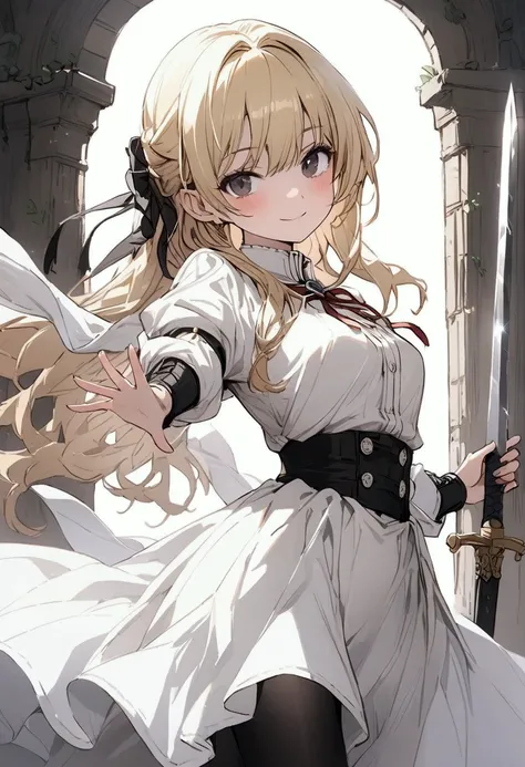 female, 165cm, bright blonde, Noble beauty with a black eye ,  The background is Isekai Academy,  black stockings,  Long Sword dancing her right waist and getting caught in the sword, Bright smile