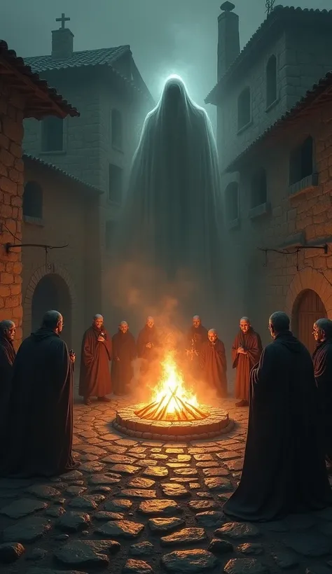 A scene from a dark ritual ,  with old villagers surrounding a large bonfire.  Everyone has their faces covered and with expressions of despair ,  while a ghostly shadow appears over the flame .  The setting is an ancient stone square ,  illuminated by bon...