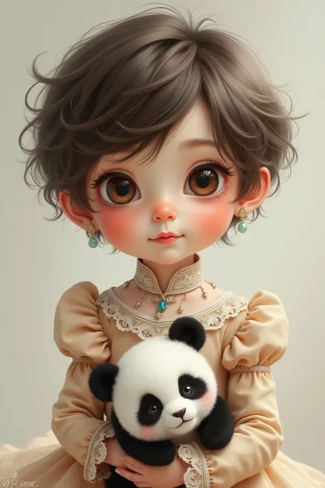 Portrait of a  boy with a very cute, realistic look with sharp details, pink cheeks, soft, fancy dress, panda. 