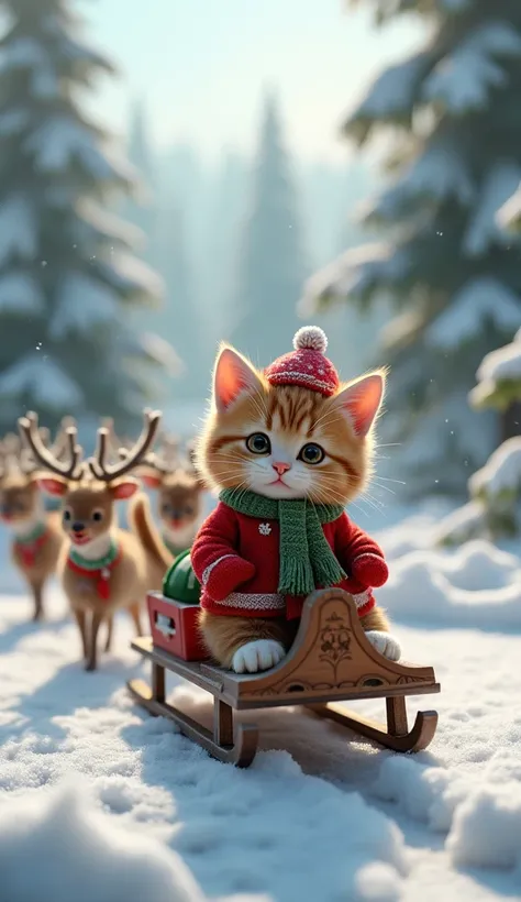 A mini cat in Christmas clothes on a sled with reindeer 