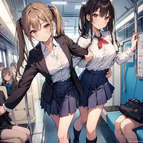  Perfect Anime Illustration,  2 girls,  NSFW, nipples、 show pussy 、 lift up your skirt 、 hairstyle is twin tail、{ smaller breasts}、4K,Gal:1.3, anatomically correct, school uniform:1.3,Innocent girl ,  very cute face , like an idol, (masterpiece:1.2), ( Hig...