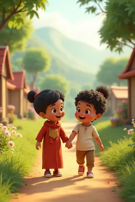 
Scene 5: little Ayesha and little Ibrahim learning the lesson of kindness
Prompt:
"Little Ayesha and little Ibrahim are walking together along a path, holding hands with happy expressions. They look content and peaceful, surrounded by nature and the villa...