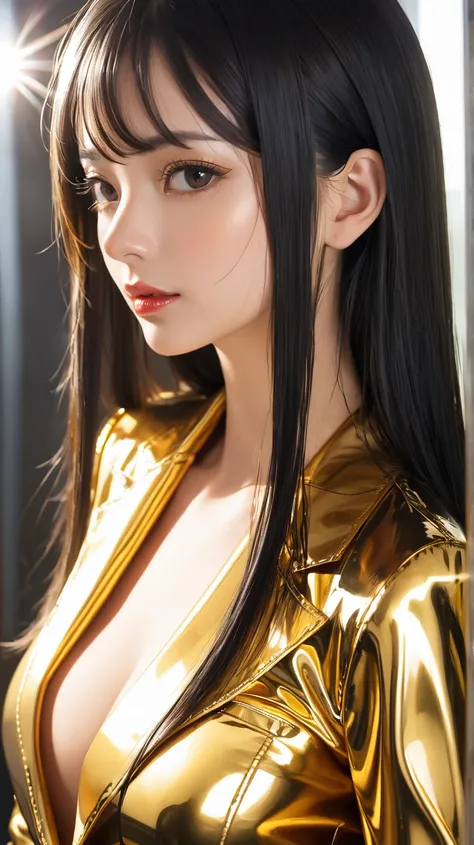  1 girl, In extremely tight shiny golden latex blazers,  high resolution ,  masterpiece,  very long hair ,  black hair, Lens reflection, Reflected light, portrait 