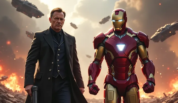 Nick Fury and iron man standing  together  with gun and ready to fight against enemy.  Bloody war going on background, multiple spaceship crashing. 