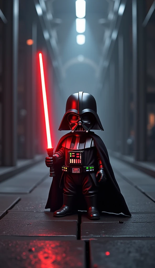 A baby dressed as a miniature Darth Vader, holding a tiny red lightsaber, standing in the dark and menacing corridors of the Death Star.