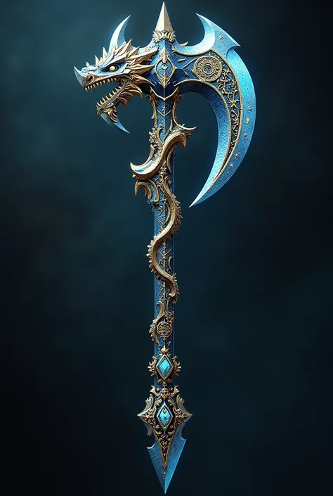 Close up of a blue and gold weapon with a dragon head, Fantasy weapons, Tomahawk, Tomahawk, Sword weapons, Fantasy Scythe, Role Playing Game Items, The style of the Ghost Slayer Blade, Hammer Weapon, Axe element, Leviathan Axe, RPG item rendering, epic Fan...