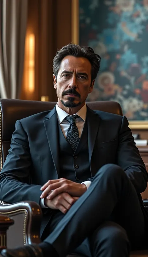 Tony Stark Sits in Office Masterpiece, High Resolution, Accurate, Best Quality, Award Winning, HD, Thin Beard 