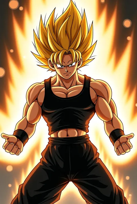 1 homem, 20 anos, saiyan, corpo atletico, black tank top, black sweatpants, saiyajin, dragon ball z style, art estilo manga, cabelo mediano, usando uma tecnica de energia, kamehameha, wavy hair
