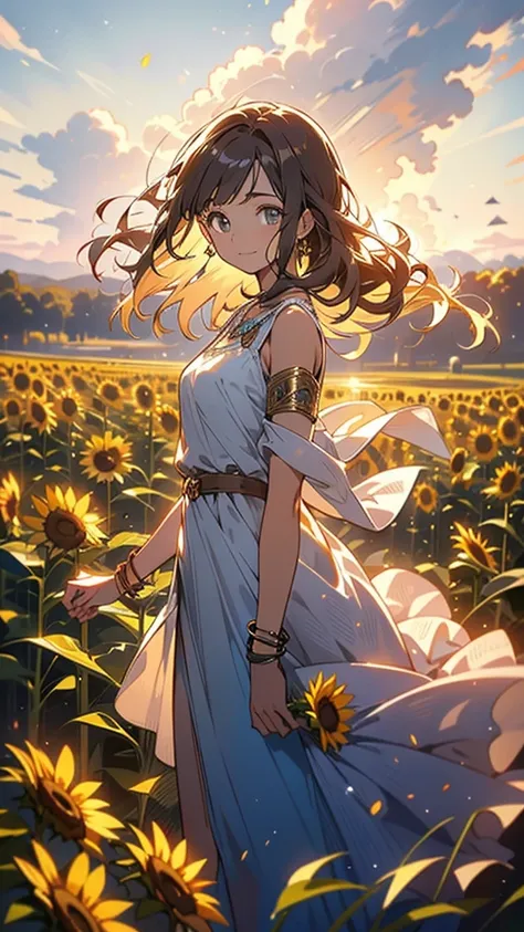 “A young woman in her early twenties, standing on the edge of a sunflower field, looking out into the distance. She has shoulder-length brown hair, slightly messy from the wind, and her eyes are filled with quiet determination and empathy. She wears a ligh...