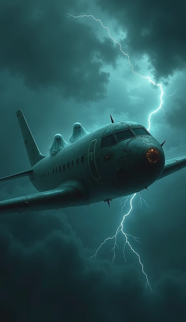  The Phantom Flight
An ancient, decrepit airplane flying through a stormy, night sky. The windows reveal passengers who are pale and lifeless, sitting unnaturally still. A chilling glow emanates from the cockpit, and ghostly figures seem to float around th...