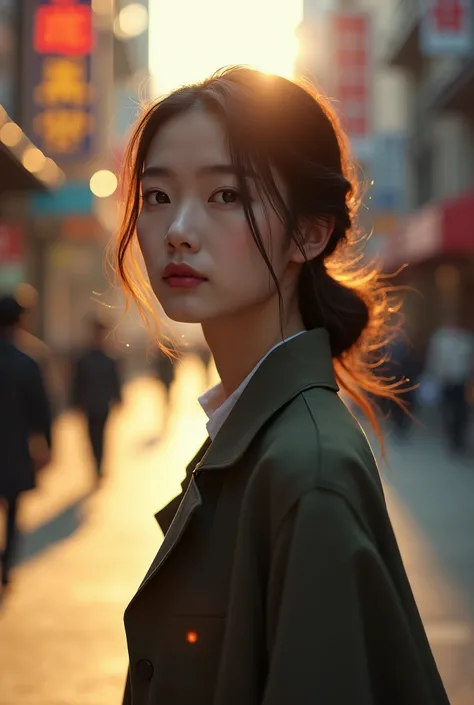 nude Korea girl walking on the street, cinematic style soft lighting glow effect