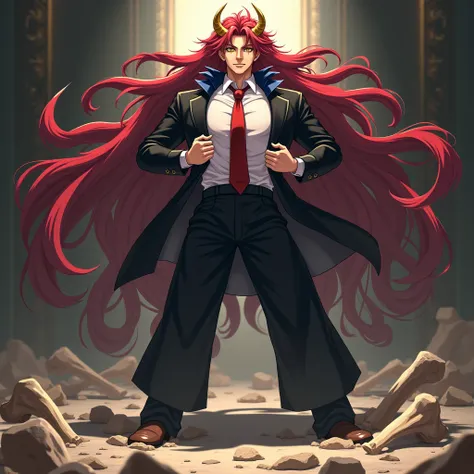 chico,anime,young,man,long deep red hair,yellow eyes and golden horns , dressed in a black suit, wearing a red tie ,dark blue scarf, taking off his shirt of 2. 000 trillion tons ,destroying the floor , accommodating the bones ,revealing the huge scar on hi...