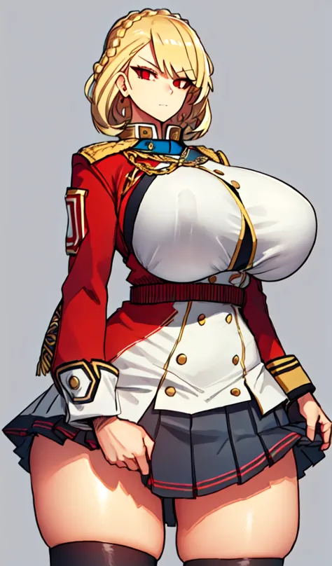 (Matte texture), (cowboy shot:1.1), 1 woman, (blonde hair), (short bob), (red eyes), (long eyelashes:1.1), (sharp eyes), (detailed eyes:1.1), (sensual body),  (gigantic breasts:1.3), (thick thigh:1.3), (wide hip), (military uniform, pleated skirt), (simple...