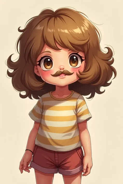 Little princess in frisk clothing curly hair light brown pants with a cutlet on her face and a mustache