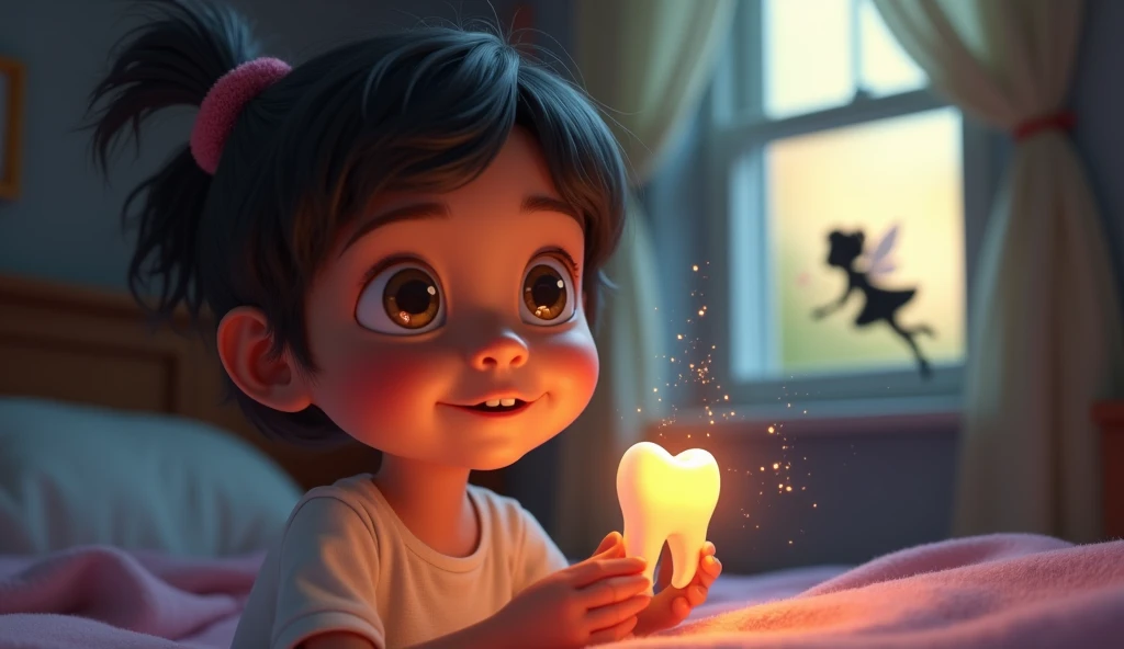 Back in the ’s bedroom, their loose tooth finally pops out with a tiny sparkle effect. The  looks at it in amazement while holding it up like a treasure. The scene is whimsical, with magical sparkles and glowing light around the tooth. A tiny fairy silhoue...