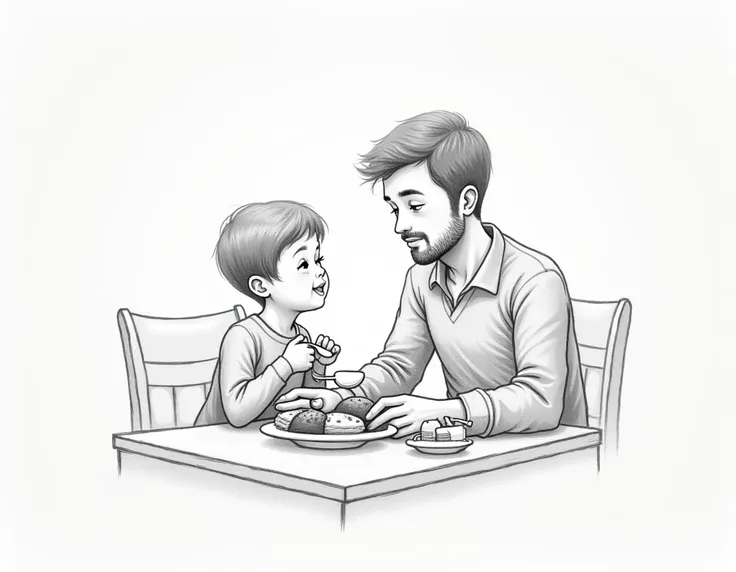 A tender pencil sketch of a father and child having a quiet breakfast together on Father’s Day. The soft shading creates a calm, intimate scene filled with connection