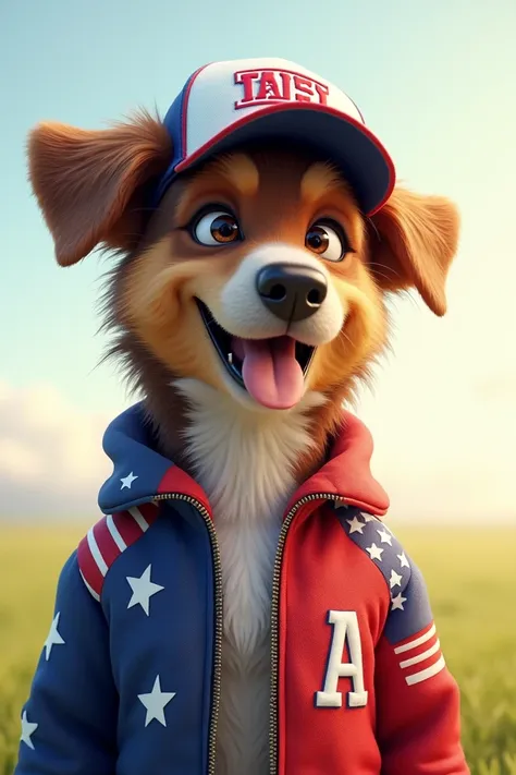 Hiller dog in cap and American team jacket 