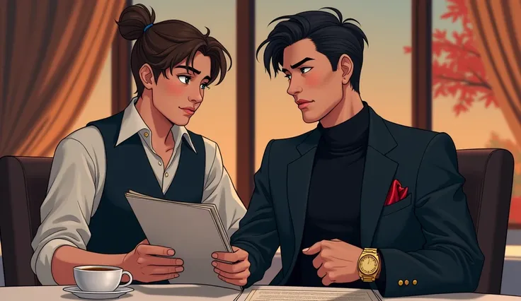 Drawing Style Anime, manhwa, manga. man, 30 years,  expensive formal suit ,  jacket is unbuttoned , turtleneck (color black, Without a tie), brunette,  face clean-shaven , straight nose,  masculine chin,  amber or honey eyes , thin lips,  broad shoulders ,...