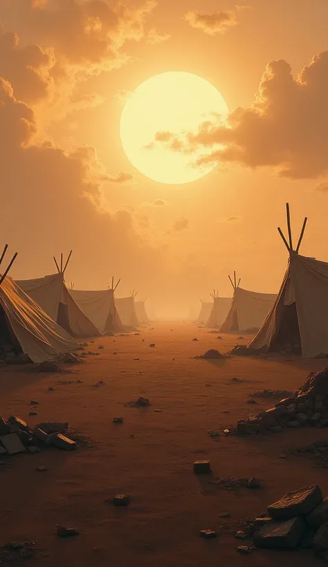  The Assyrian camp at dawn after divine intervention:  “A devastated Assyrian camp at dawn , with collapsed tents ,  the empty field and a sense of solemn silence .”
