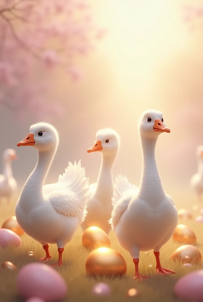 Animals goose with golden eggs in pastel color gradient background 