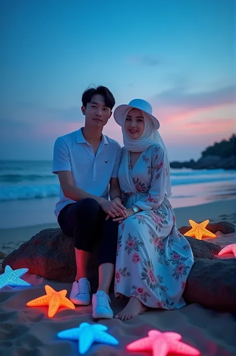 full body photography. Korean couple sitting on a rock on the beach. The man wears a white short-sleeved shirt, black trousers, short chinos, white sneakers and the beautiful woman wears a white hijab, a white round hat, wears a long beach dress with flora...