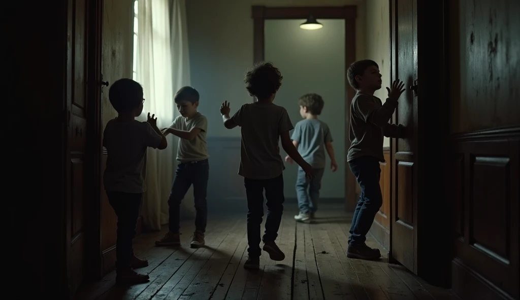 A group of ren playing hide and seek in a shadowy, old house. The wooden floors creak under their movements, and faint light filters through the curtains. A young boy looks uneasy, as if sensing a hidden presence.

