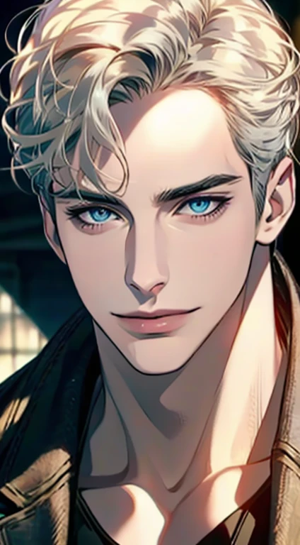 (best quality,4k,8k,highres,masterpiece:1.2),ultra-detailed,(realistic,photorealistic,photo-realistic:1.37),1 man,31 years old,mature man,very handsome,without expression,smile,short grey golden hair,blue eyes,penetrating gaze,perfect face without errors,i...