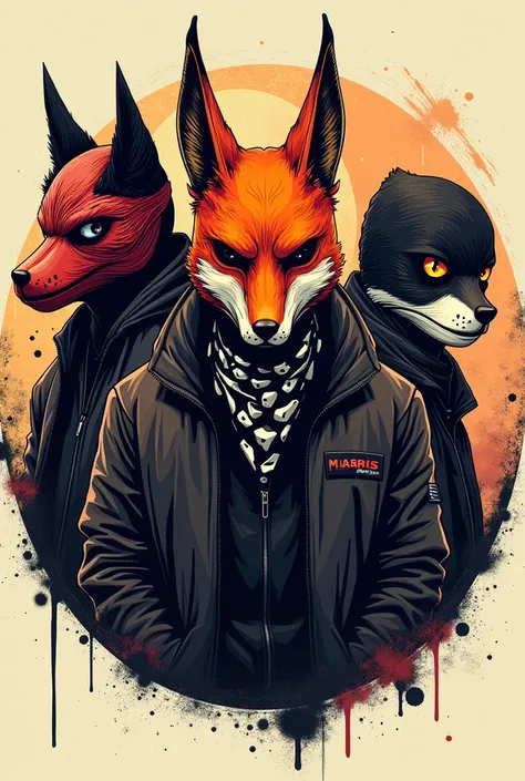 Create a round image with a background of a band called Street Hooligans, where a member of the band appears wearing the Chapulín mask, another with a fox mask and another with a black and white bandana. 
