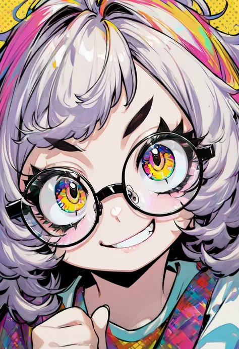 girl, naughty, cute, long thick eyelashes, thick, short, round eyebrows, round glasses, captivating large eyes, messy hair, smug face, grin, thumbs up, casual fashion, background one of a kind pop art, BREAK masterpiece, best quality, very aesthetic, absur...