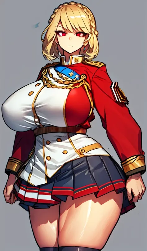 (Matte texture), (cowboy shot:1.1), 1 woman, (blonde hair), (short bob), (red eyes), (long eyelashes:1.1), (sharp eyes), (detailed eyes:1.1), (sensual body),  (gigantic breasts:1.3), (thick thigh:1.3), (wide hip), (military uniform, pleated skirt), (simple...