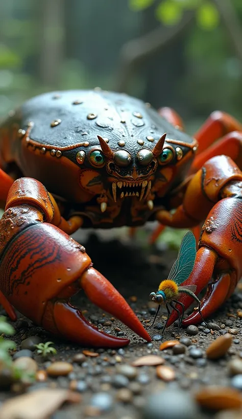 **Prompt Exemplo ( Crab shade  e Libélula com Cores Vibrantes):**  

" An ultra-realistic scene featuring a colossal crab and a vibrantly colored dragonfly ,  both highlighted in their natural details with an extreme level of realism , side by side,  creat...