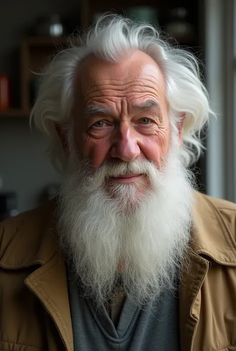  “An elderly man with a (poetry , long, weißen bart),  that reminds of Santa Claus , and is interviewed . “His facial expression is serious and warns of a possible danger.  He is wearing a neutral ,  casual clothes (With. b. a light jacket) and looks like ...