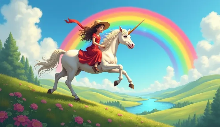 Mary riding on the unicorns back as they leap through a vibrant rainbow in the sky. The unicorn’s mane flows like a cascade of colors, and Mary wears a straw hat with a red ribbon fluttering in the wind. Beneath them, a lush valley with rolling hills and a...