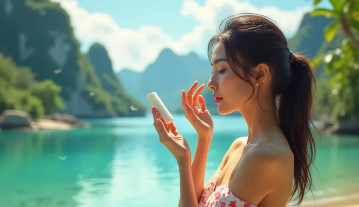 beautiful landscape, relaxing island ,  lake with some birds ,  A beautiful woman,  smearing sunscreen on their face, delicate,  On the left side of the image 