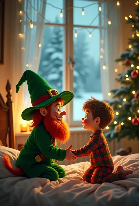 A leprechaun talking to a boy in his room at Christmas night the leprechaun took the boy to the North Pole