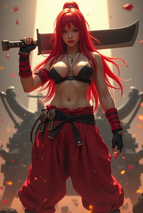  best quality、 high definition 、whole body、Vision、Adult female、 red hair、 mischievous smile 、Strong muscles、 cracked abs、 Big Breasts and Sarashi 、 out of your belly button、Big red hakama 、 carrying a huge machete on his shoulder、Standing with your legs ap...