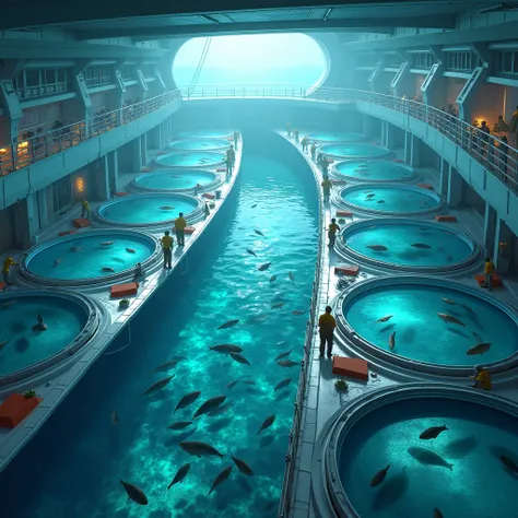 Fish farms ,  circular tanks inside a ship .  Blue tanks with tilapia fish moving through the water in the tanks.  People moving between tanks 