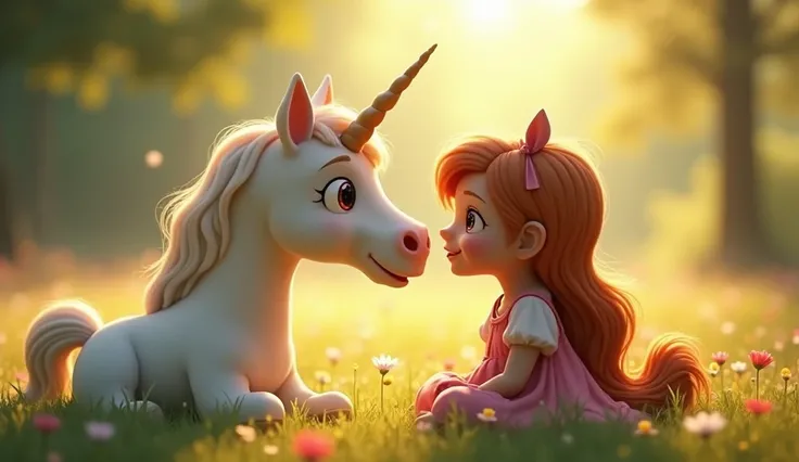 Close-up of Mary and the unicorn sitting together in the meadow. Mary is whispering into the unicorn’s ear, and the unicorn looks delighted. The background shows soft sunlight filtering through the trees, with a gentle breeze blowing the flowers around the...