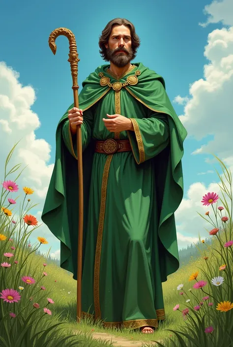 Image of Saint Jude Thaddeus dressed in green with a beard and cane in a field