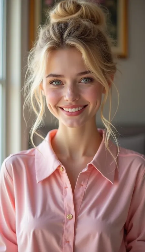 Femme âgée 17 ans ( cheveux long et blonde ), (coupe en chignon), (visage parfait), beauté, attrayant, joyeuse, souriante, (Elle est habillé dun style lolita rose), Elle fais une pose mignonne et kawaii, rougie, corps entier, ultra réaliste,  Ultra Haute D...