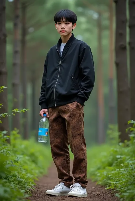 Real human. Photo, habib is Indonesian 23 years   old man, medium body , short straight black hair, white skin, black expressive eyes, medium body, wearing zipped up black  jacket, brown motuve batik pant, whit shoes,  he is walking, holding medium size of...