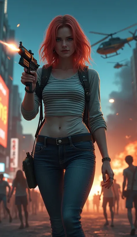  detailed picture quality 、 photorealistic 、 .、 Beautiful Hairstyle 、 A beautiful night sky with stars 、  The background is at the Tokyo Roppongi intersection  、 Many zombies surround the protagonist .、 The protagonist is a beautiful 17-year-old Irish woma...