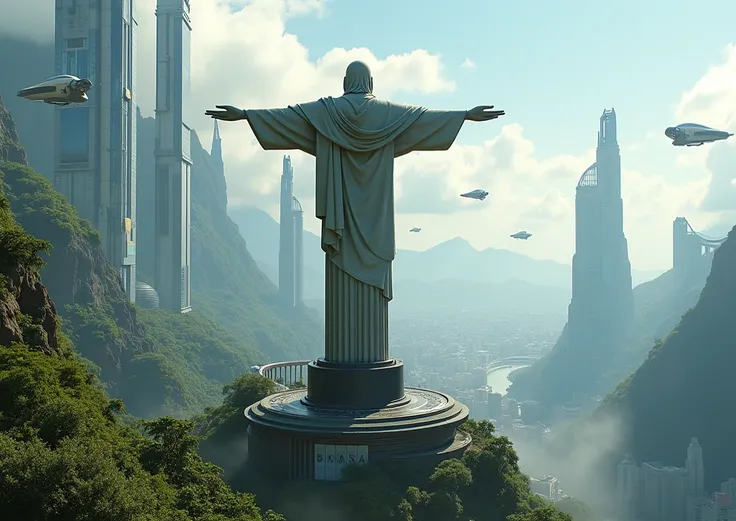 futuristic , 100 years later , christ redeemer statue, environment design, future environment, spacship buildings, futuristic buildings