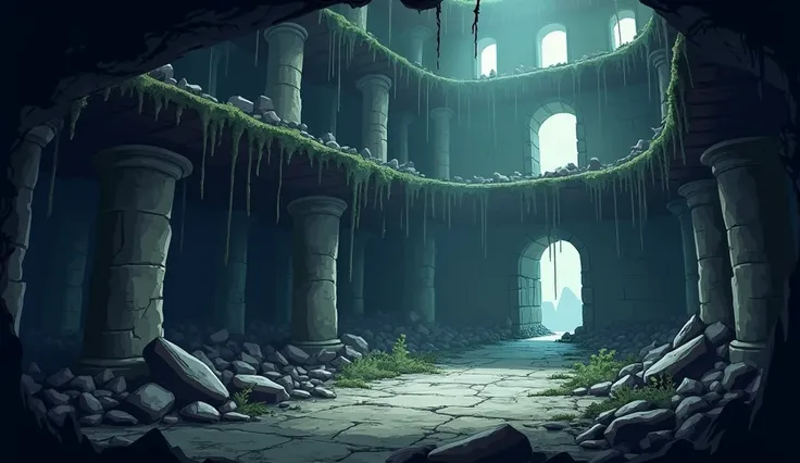 draw a background for an indie platformer dark 2d from inside many floors like an abandoned 2d castle