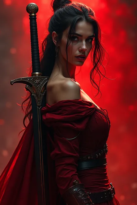 Design woman for book cover, there will be sword on womans back and theme will be red