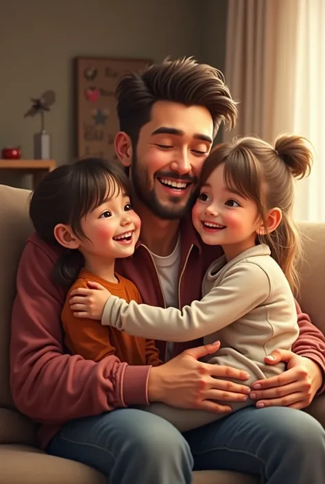 Create me a picture of two girls aged 2 and 9 who love their dad.