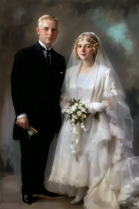 painting of a bride and groom in formal attire posing for a picture, wedding photo, 1 9 2 0s, a colorized photo, colorized photo, couple portrait, couples portrait, colorized, bride and groom, colorized background, restored photo, colorized 1 9 0 4 photo, ...